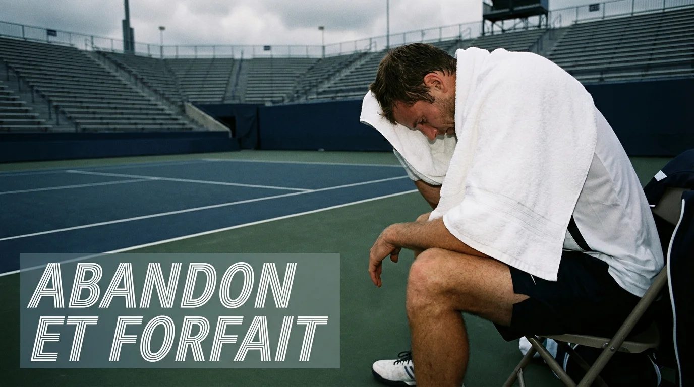 Joueur de tennis assis sur sa chaise sur le court, tête baissée, serviette sur les épaules, air fatigué