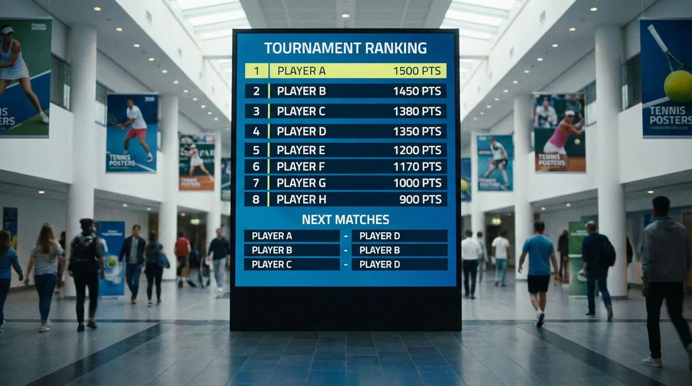 Tableau de classement tennis affiché sur un écran avec joueurs en arrière-plan