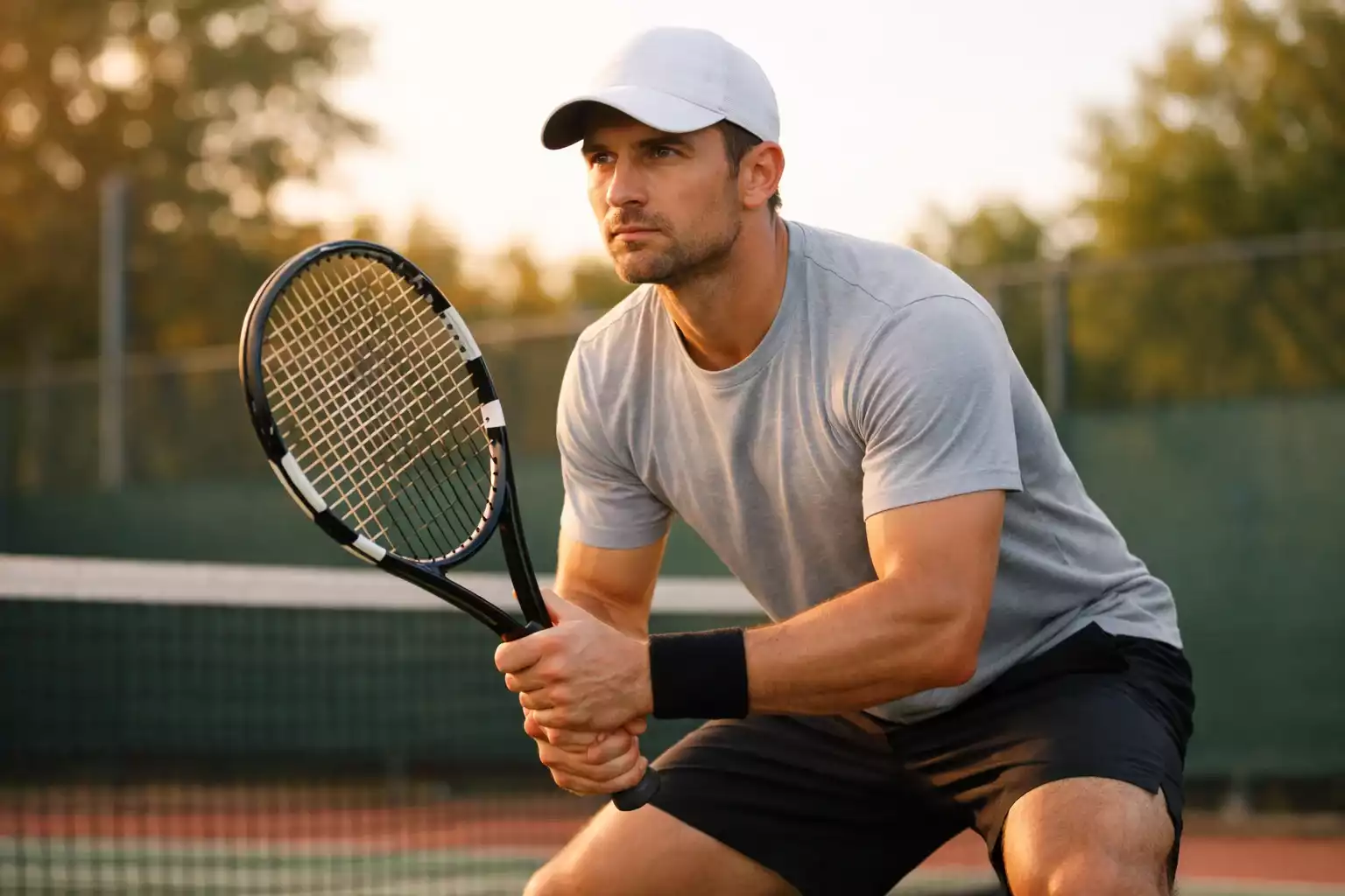 Joueur de tennis concentré lors d'un entraînement