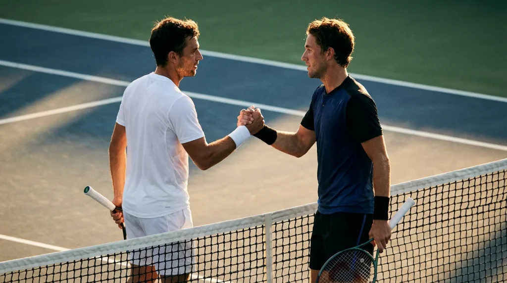 Deux joueurs de tennis se serrant la main au filet après un match