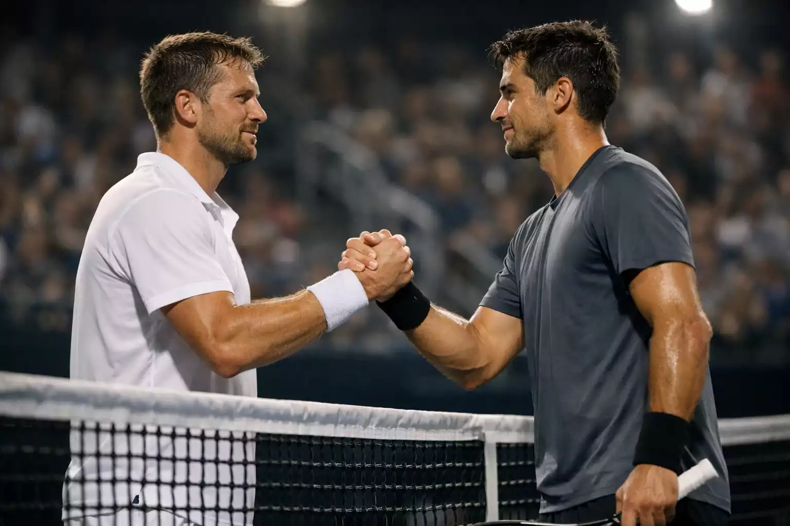 Deux joueurs de tennis se serrant la main au filet