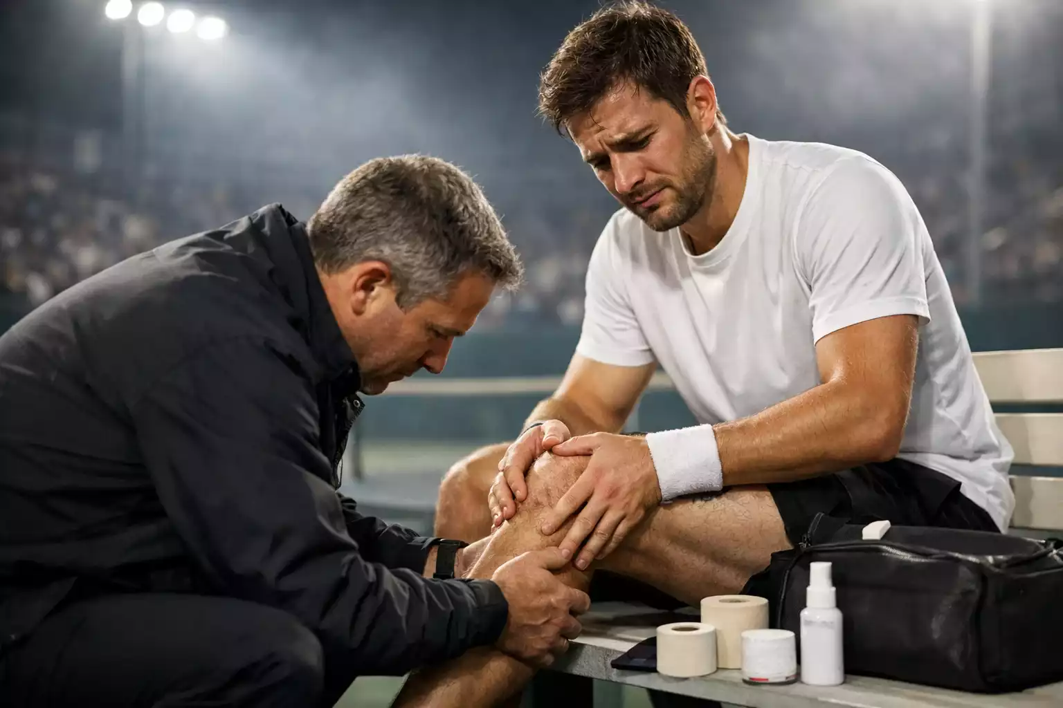 Joueur de tennis recevant des soins médicaux sur le court