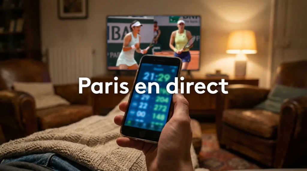 Smartphone affichant des cotes de paris en direct avec un match de tennis visible sur un écran en arrière-plan