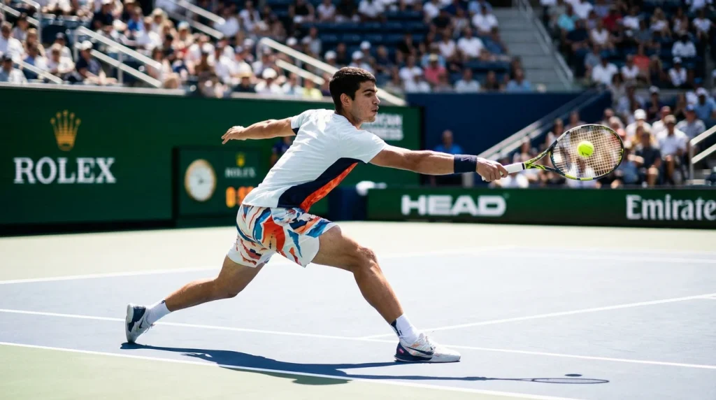 Joueur de tennis en pleine action sur un court de Masters 1000