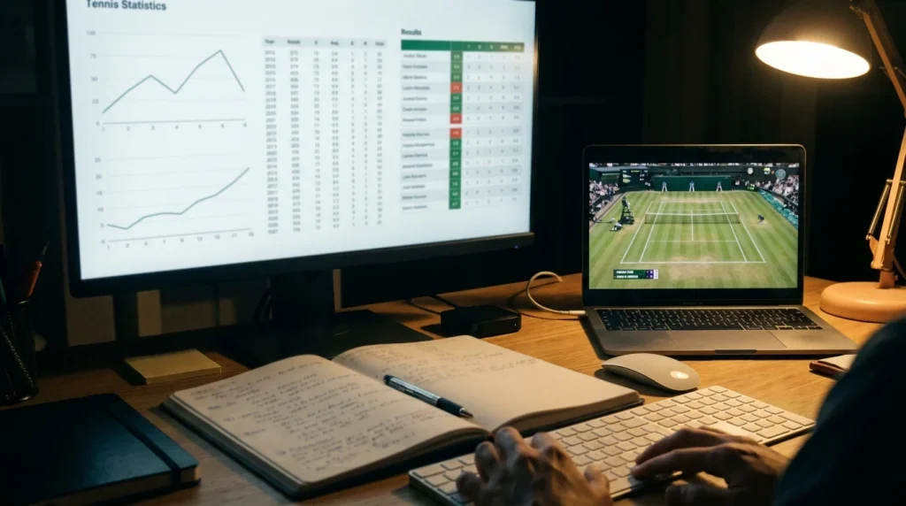 Bureau avec ordinateur affichant des données statistiques de tennis