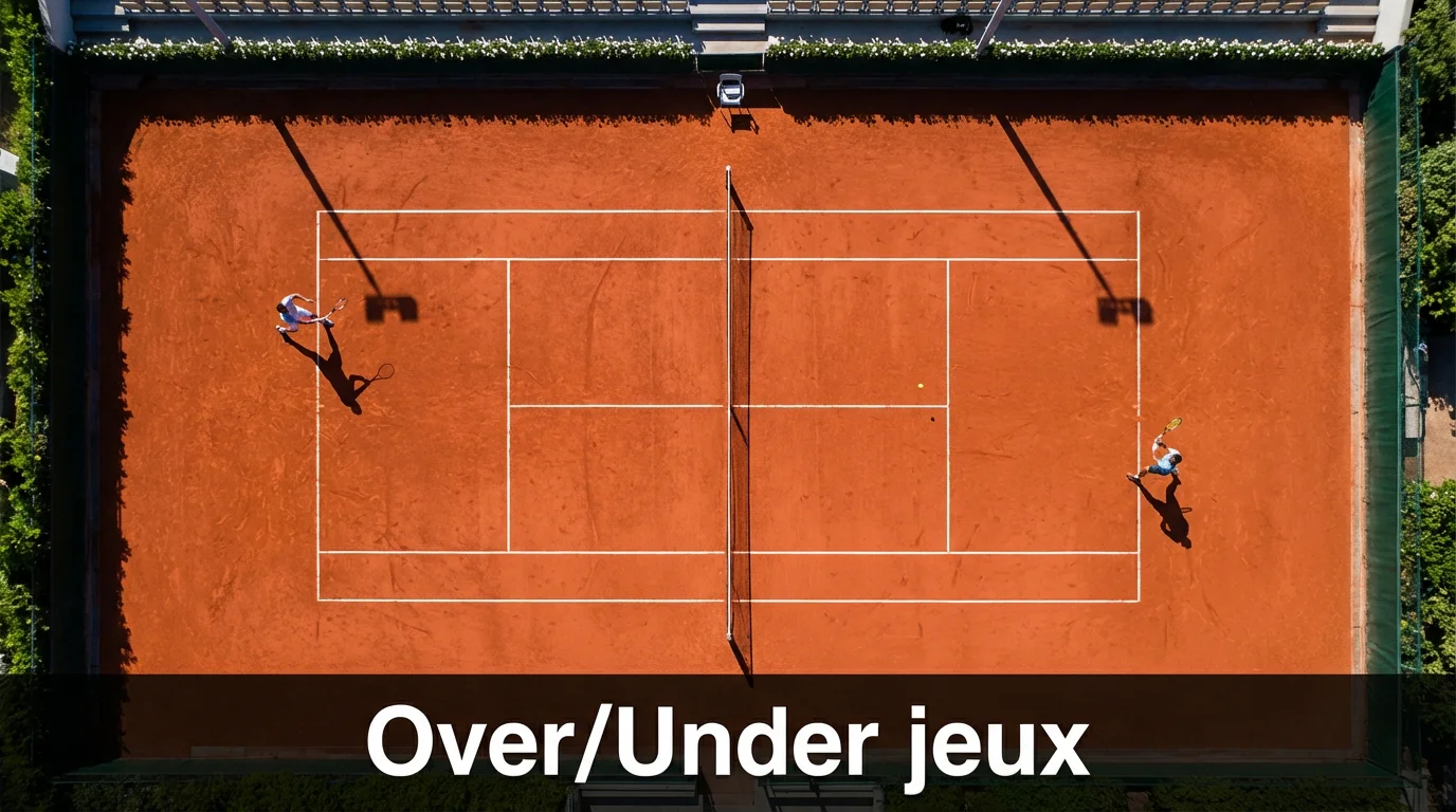 Vue plongeante sur un court de tennis en terre battue pendant un échange entre deux joueurs