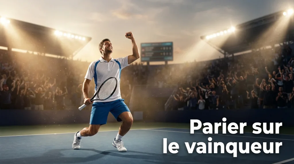 Joueur de tennis célébrant sa victoire sur un court en dur sous les projecteurs