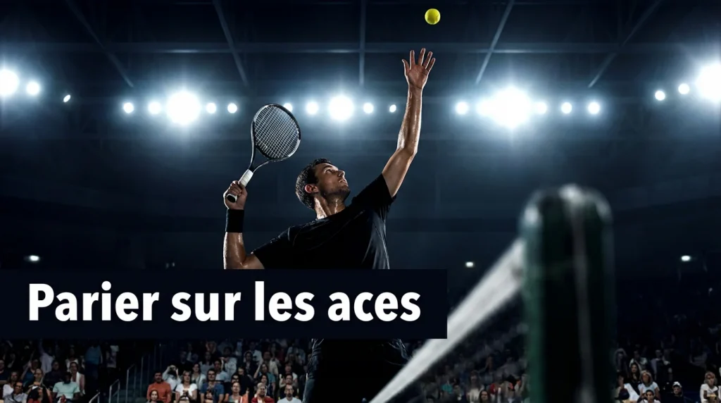 Joueur de tennis au moment du lancer de balle pour un service puissant sur un court indoor