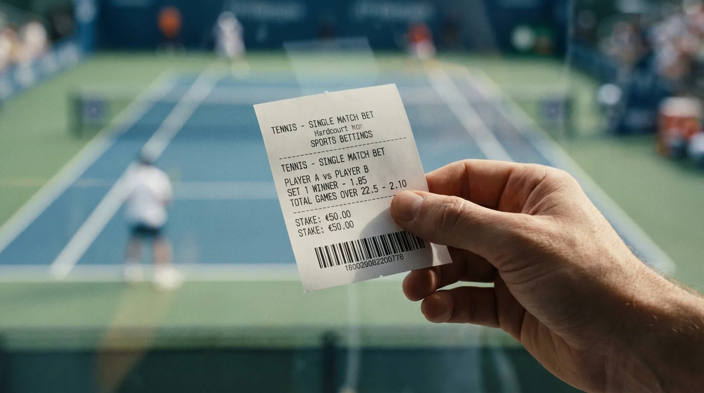 Main tenant un ticket de paris sportifs devant un court de tennis