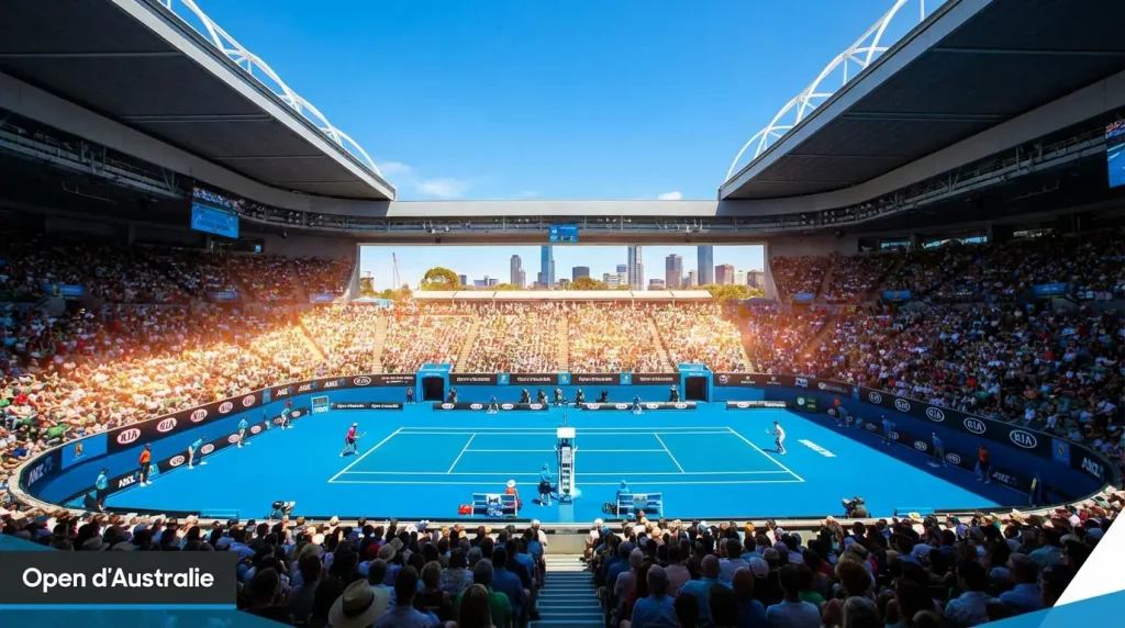 Vue de la Rod Laver Arena à Melbourne avec le court en dur bleu sous un ciel d