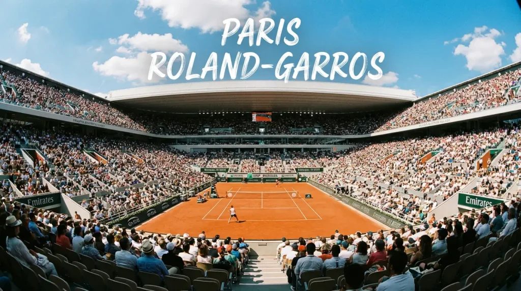 Vue du court Philippe-Chatrier à Roland-Garros avec la terre battue orange et les tribunes remplies