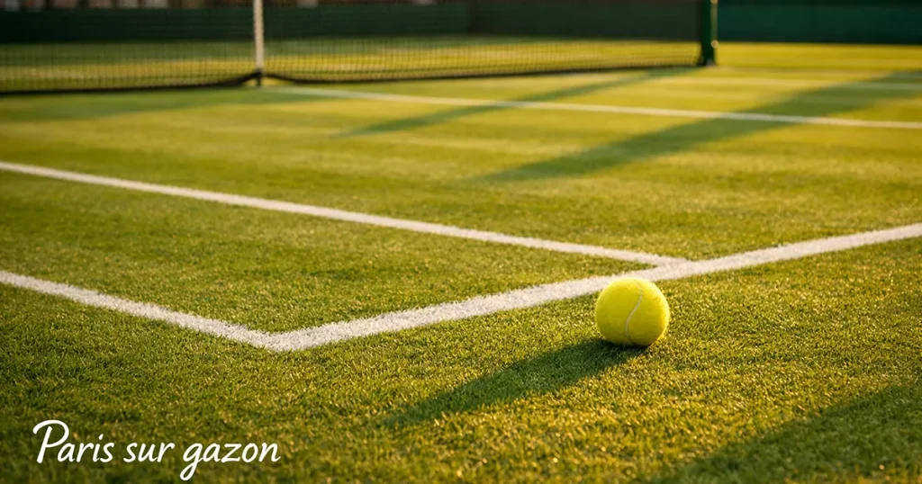 Court de tennis sur gazon avec des lignes blanches nettes et une balle de tennis posée sur l