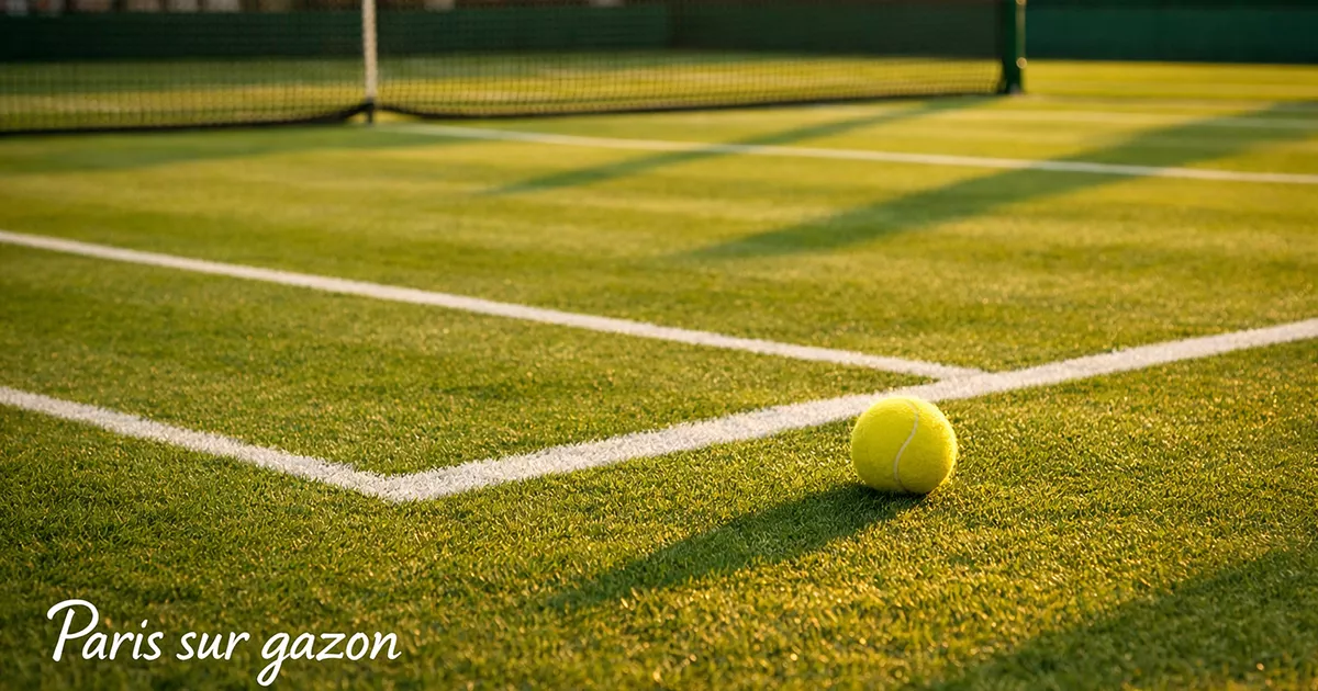 Court de tennis sur gazon avec des lignes blanches nettes et une balle de tennis posée sur l