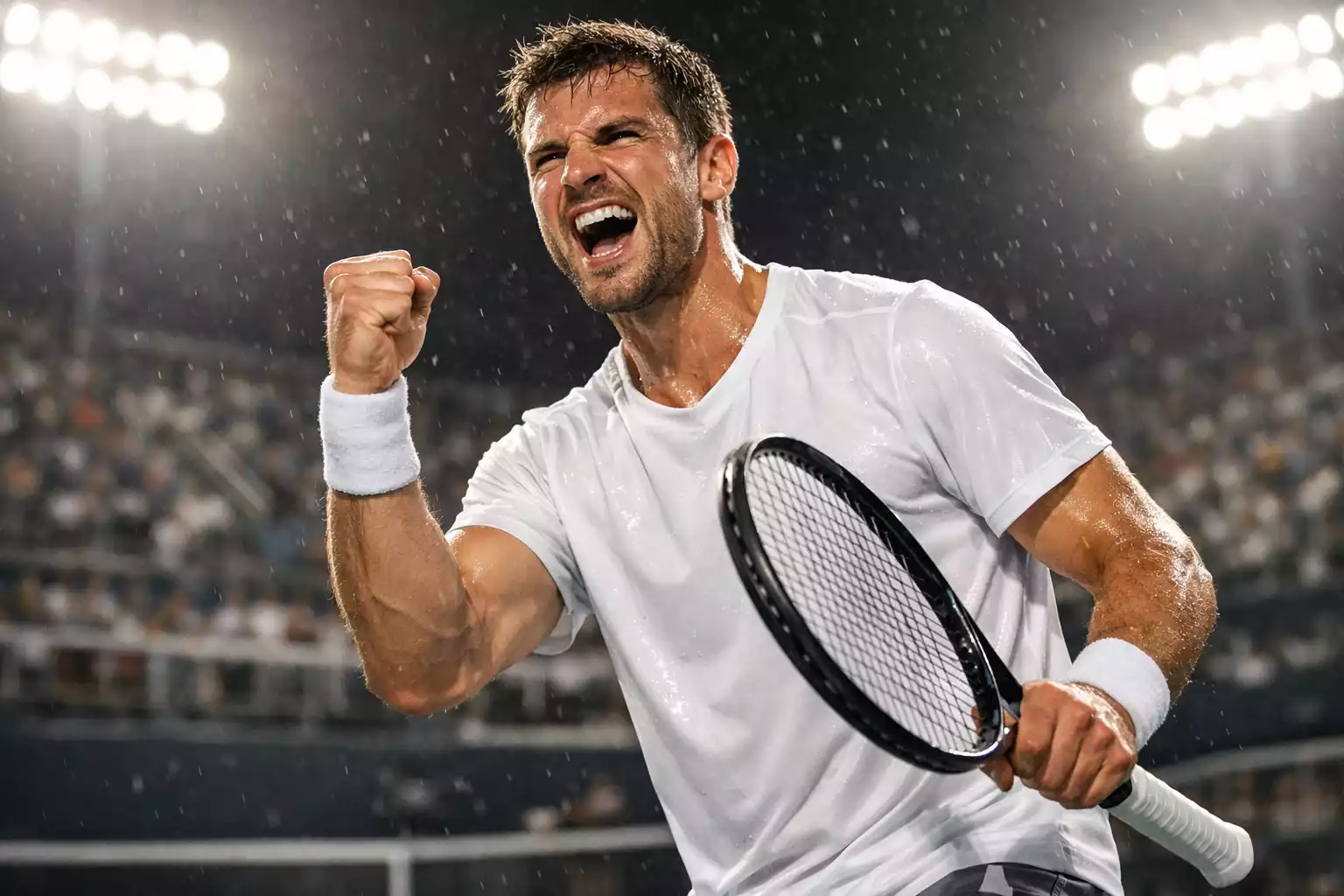 Joueur de tennis serrant le poing après un point gagné