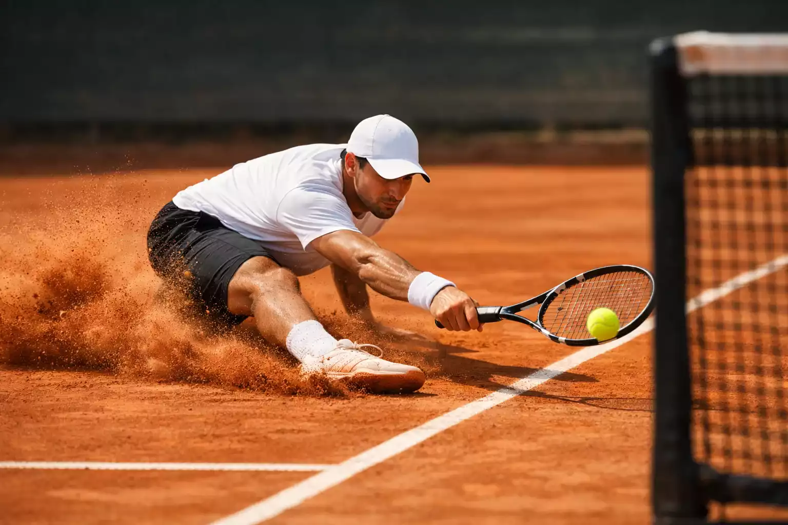 Joueur glissant sur la terre battue de Roland-Garros
