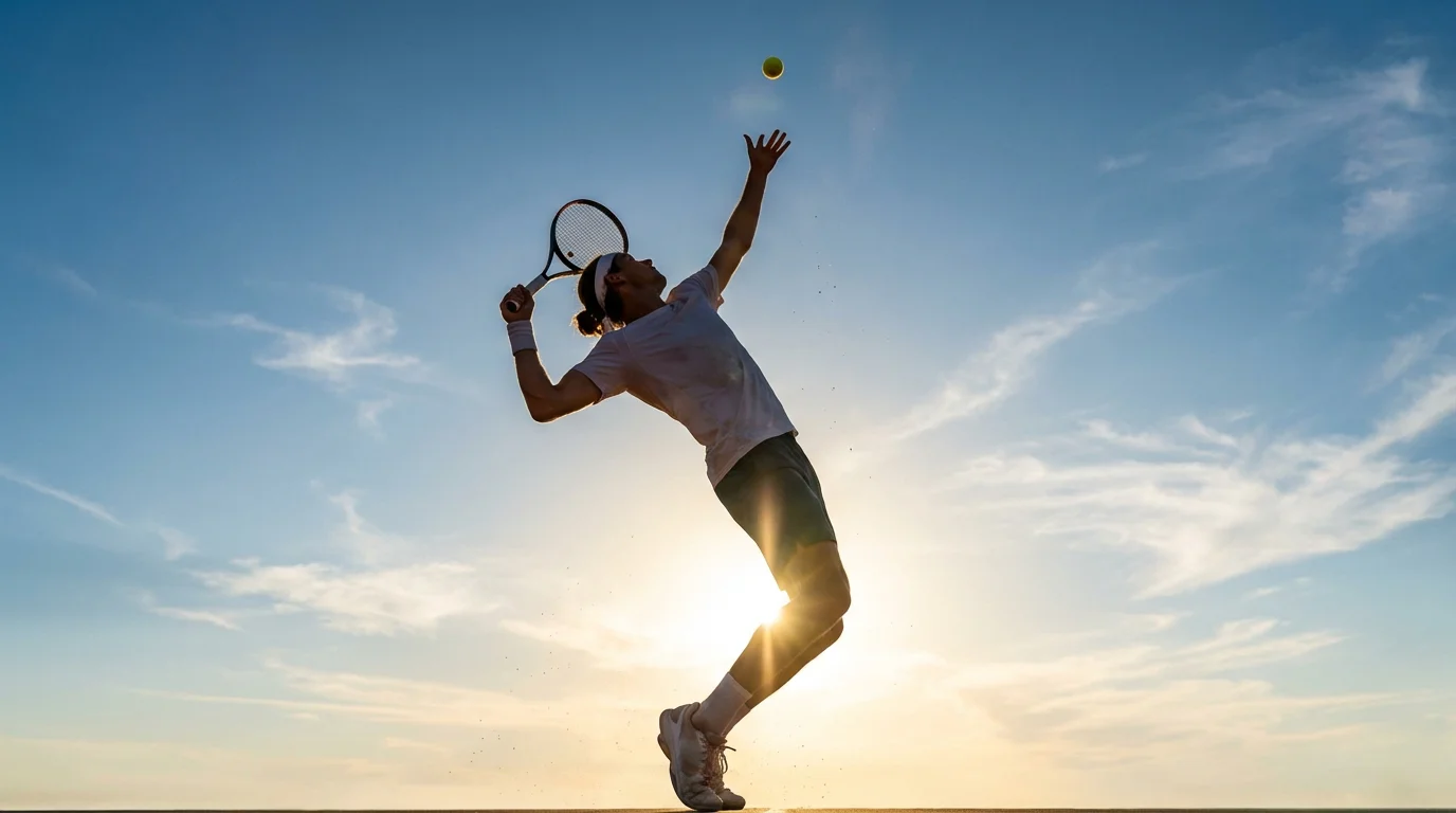 Joueur de tennis au moment du service avec balle en suspension