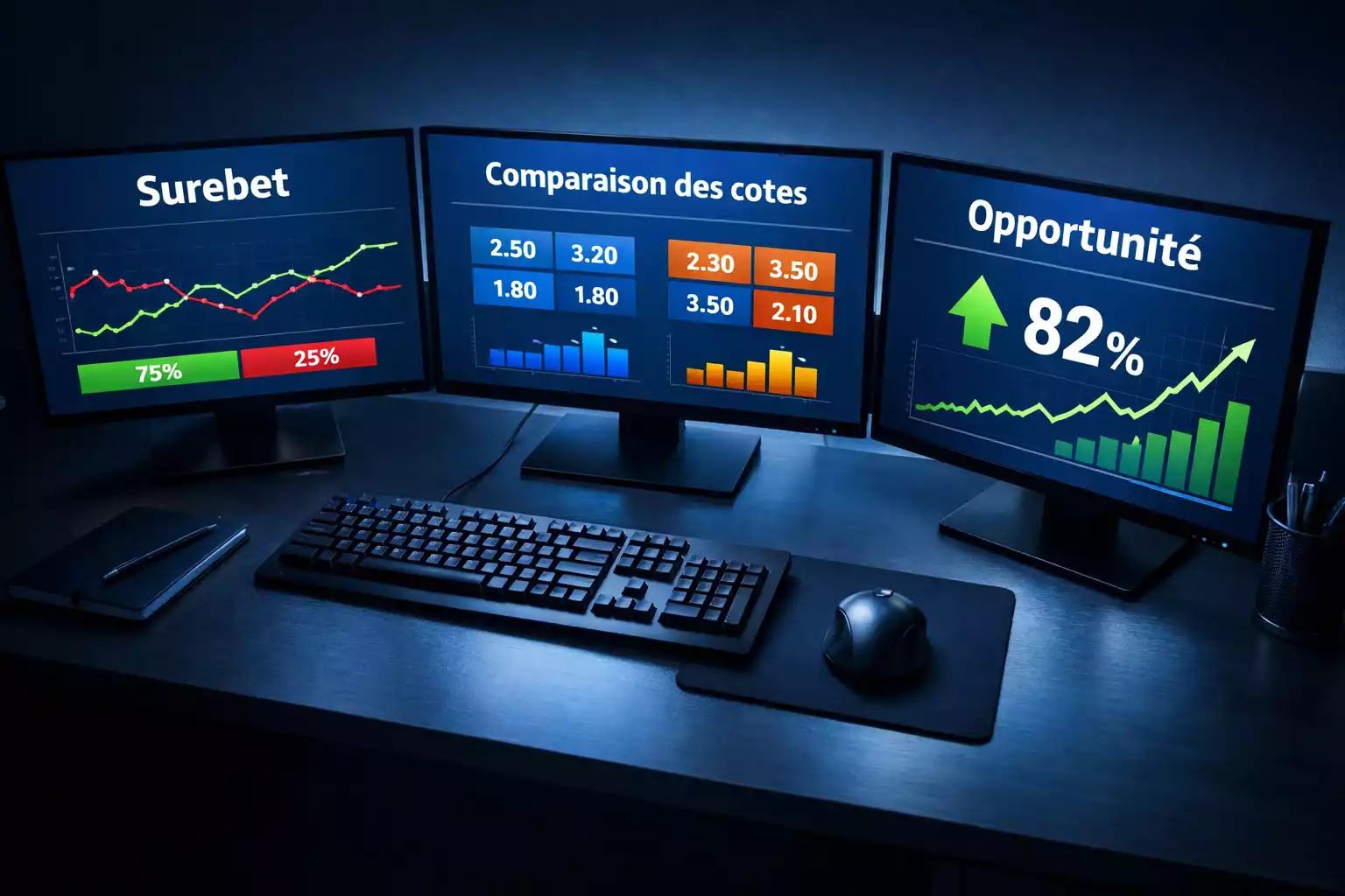 Personne comparant des cotes sur plusieurs écrans