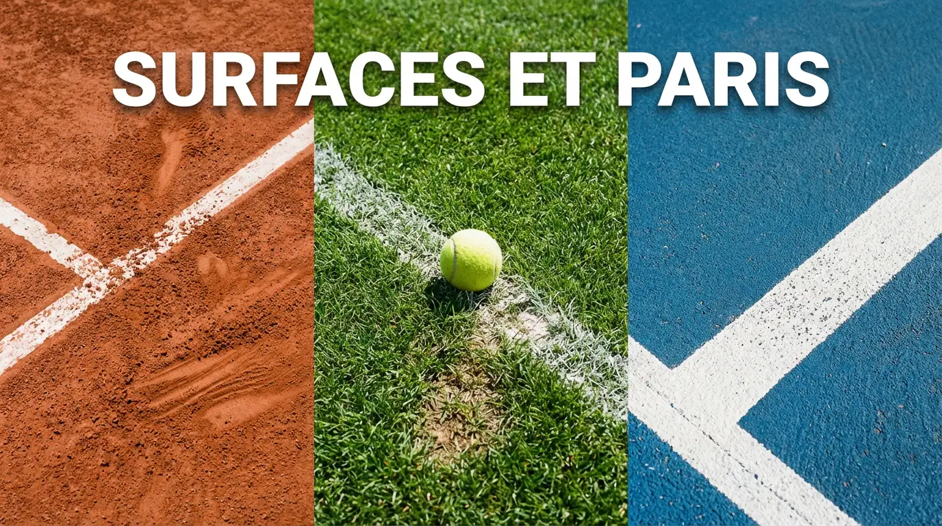 Trois types de surfaces de tennis côte à côte : terre battue, gazon et dur