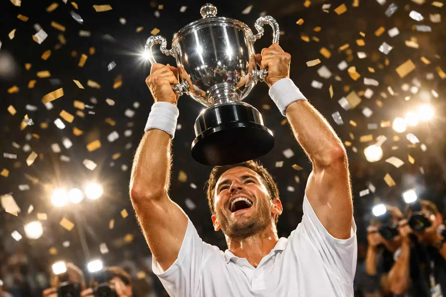Joueur de tennis soulevant un trophée de Grand Chelem