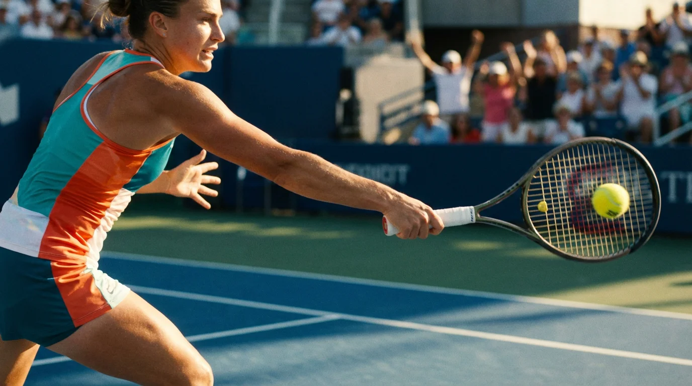 Joueuse de tennis frappant un coup droit puissant sur court dur